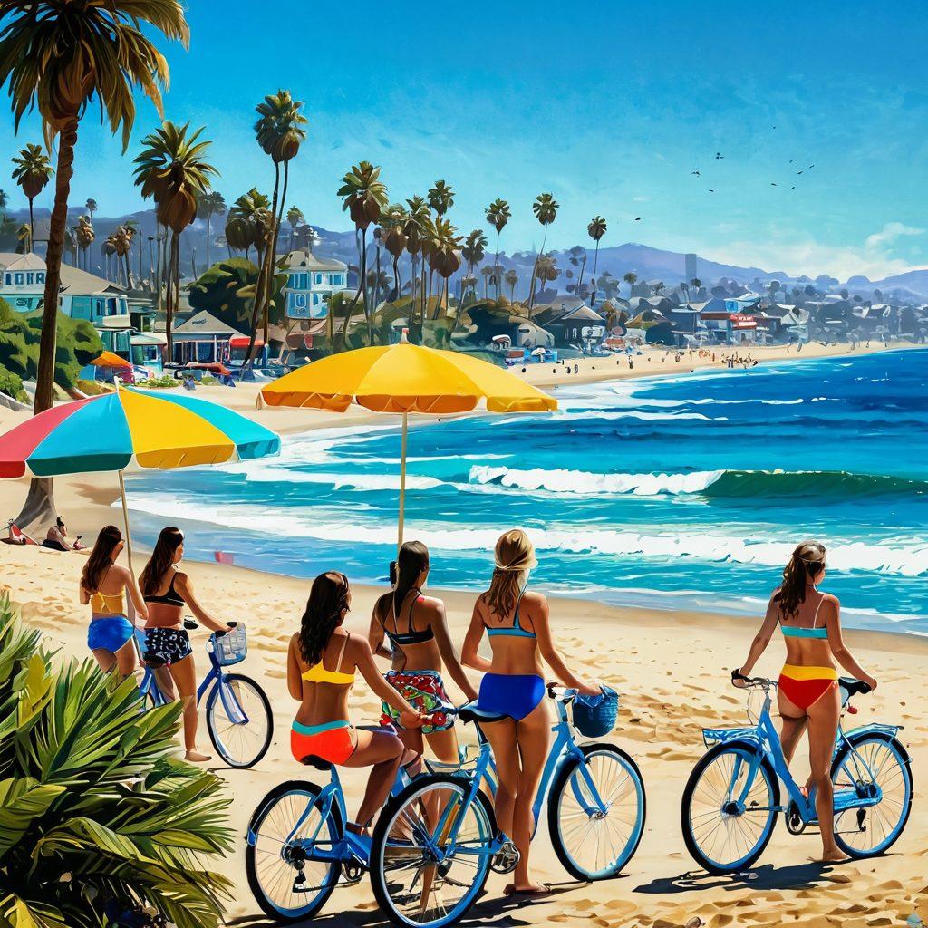 A vibrant California beach scene featuring colorful swimwear-clad cyclists riding along the coastline. In the background, showcase palm trees and the ocean under a sunny blue sky. Incorporate elements of surfboards and beach umbrellas to emphasize the coastal culture. Include a playful, sunny atmosphere with bright colors that capture the essence of summer and adventure. super-realistic. vibrant colors. beach scenery.